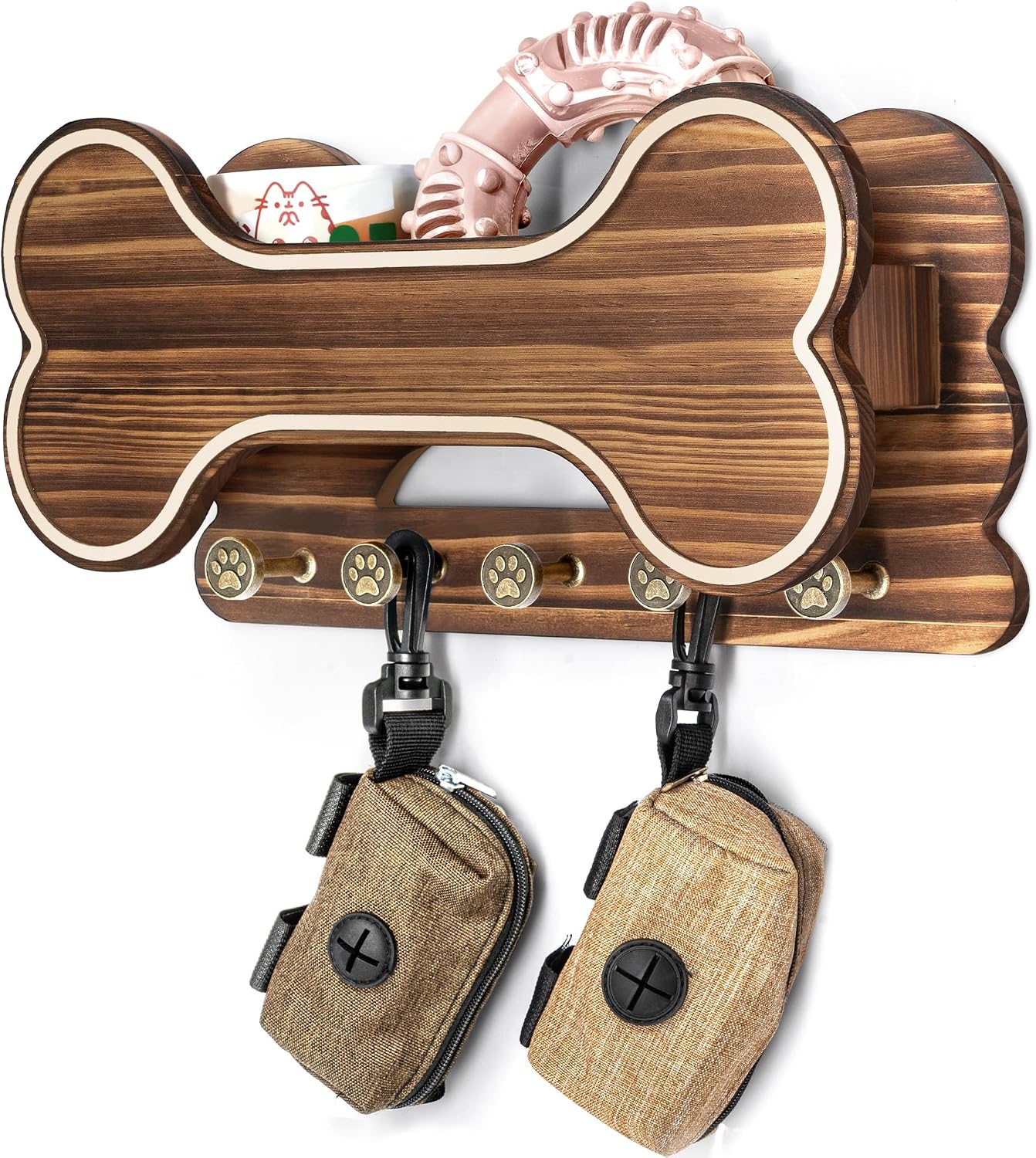 MTERSN Dog Leash Holder for Wall with Key Hooks for Dog Gear Storage, Brown | 3D Puppy Paw Hooks, Doggie Bone Shape, Key Rack with 5 Hooks, Wall Shelf for Treats & Dog Food, Ideal for Wall Decor