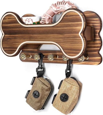 MTERSN Dog Leash Holder for Wall with Key Hooks for Dog Gear Storage, Brown | 3D Puppy Paw Hooks, Doggie Bone Shape, Key Rack with 5 Hooks, Wall Shelf for Treats & Dog Food, Ideal for Wall Decor