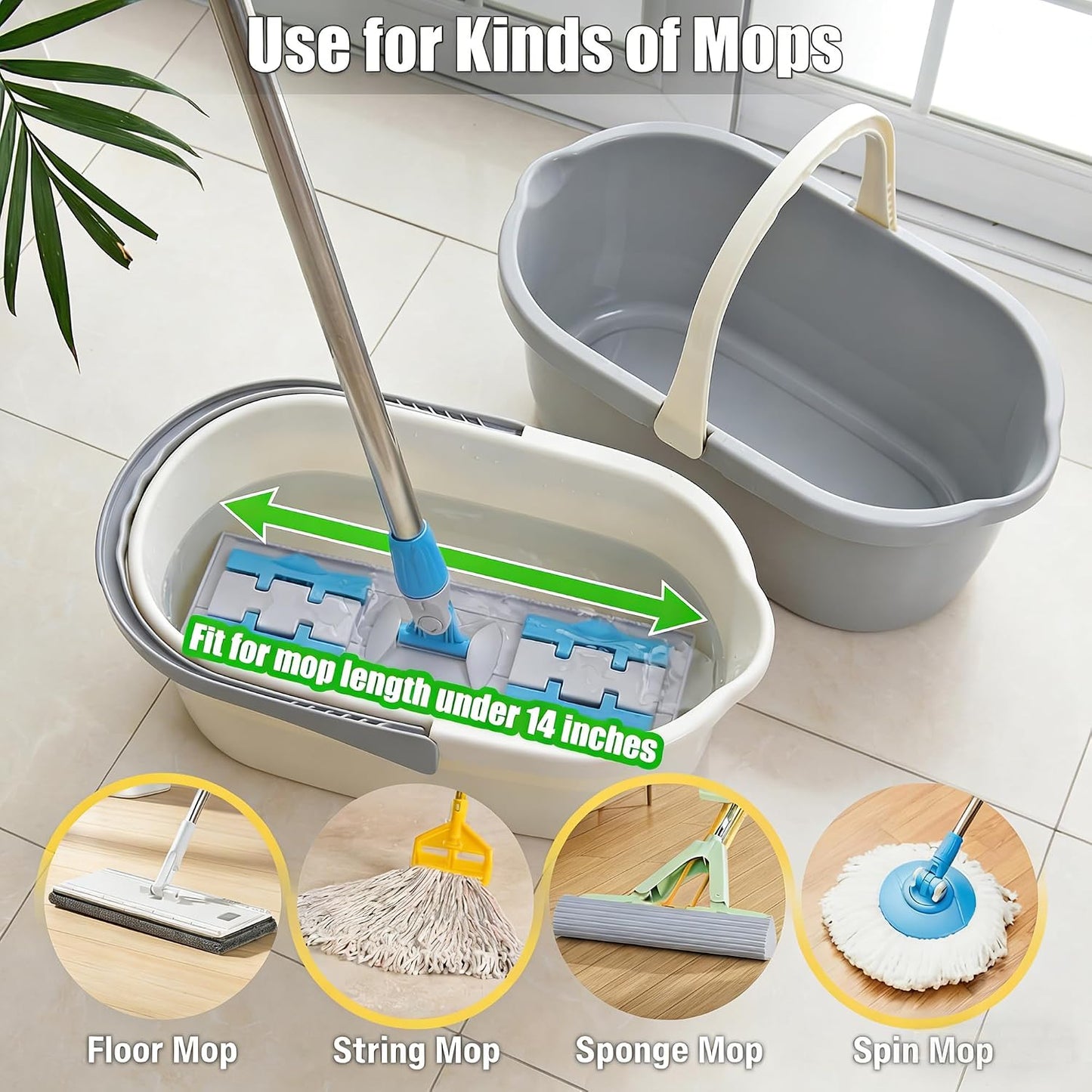 Haundry Compact Mop Bucket with Handle, Rectangular Cleaning Bucket and Caddy for Cleaning Supplies, 10L, Grey