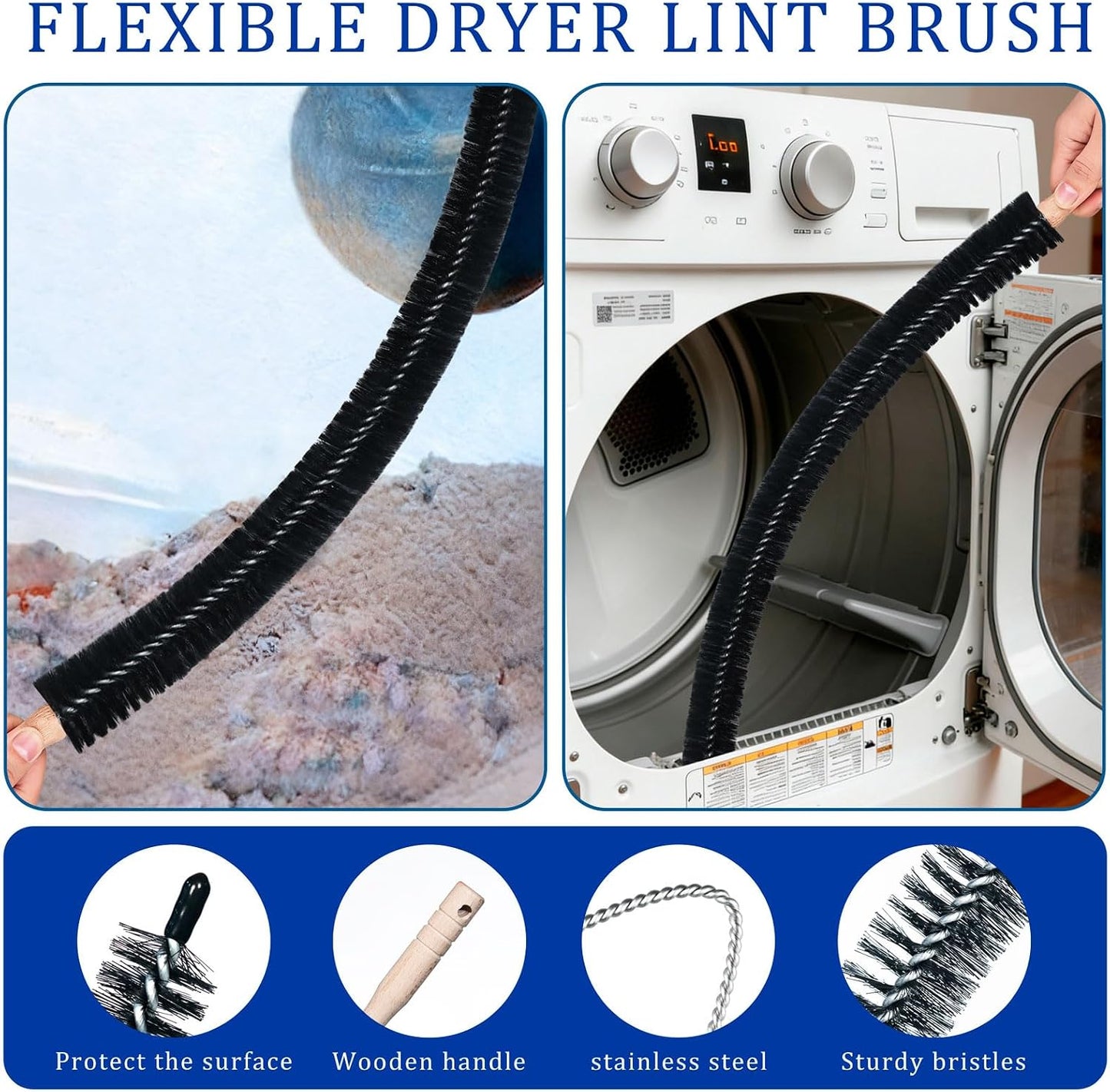 Dryer Vent Cleaner Kit with Vacuum Hose Attachment - Universal Dryer Lint Vacuum Tool for Clothes Dryer Cleaning, Flexible Hose & Lint Trap Vacuum Attachment for Most Vacuum Cleaners