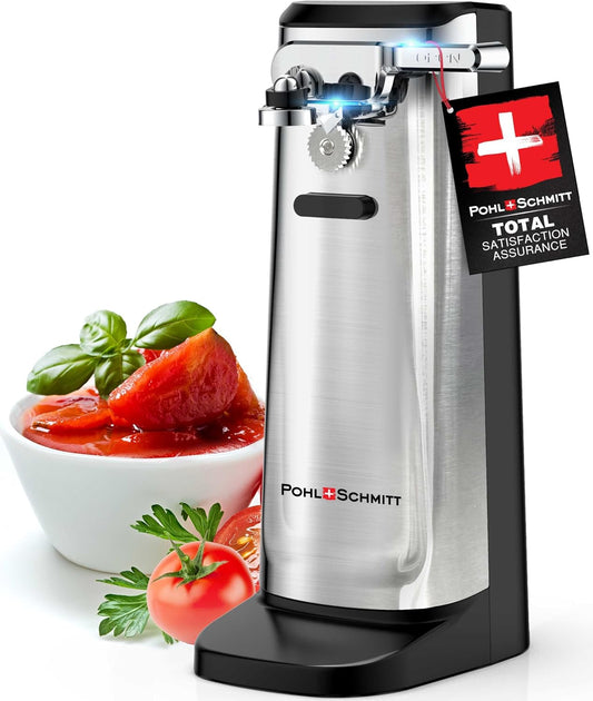 POHL SCHMITT Electric Can Opener, Knife Sharpener & Bottle Opener | Easy Push Down Lever, Works with Standard And Pop-Top Cans, Durable Stainless Steel & ABS, Kitchen Essentials and Accessories