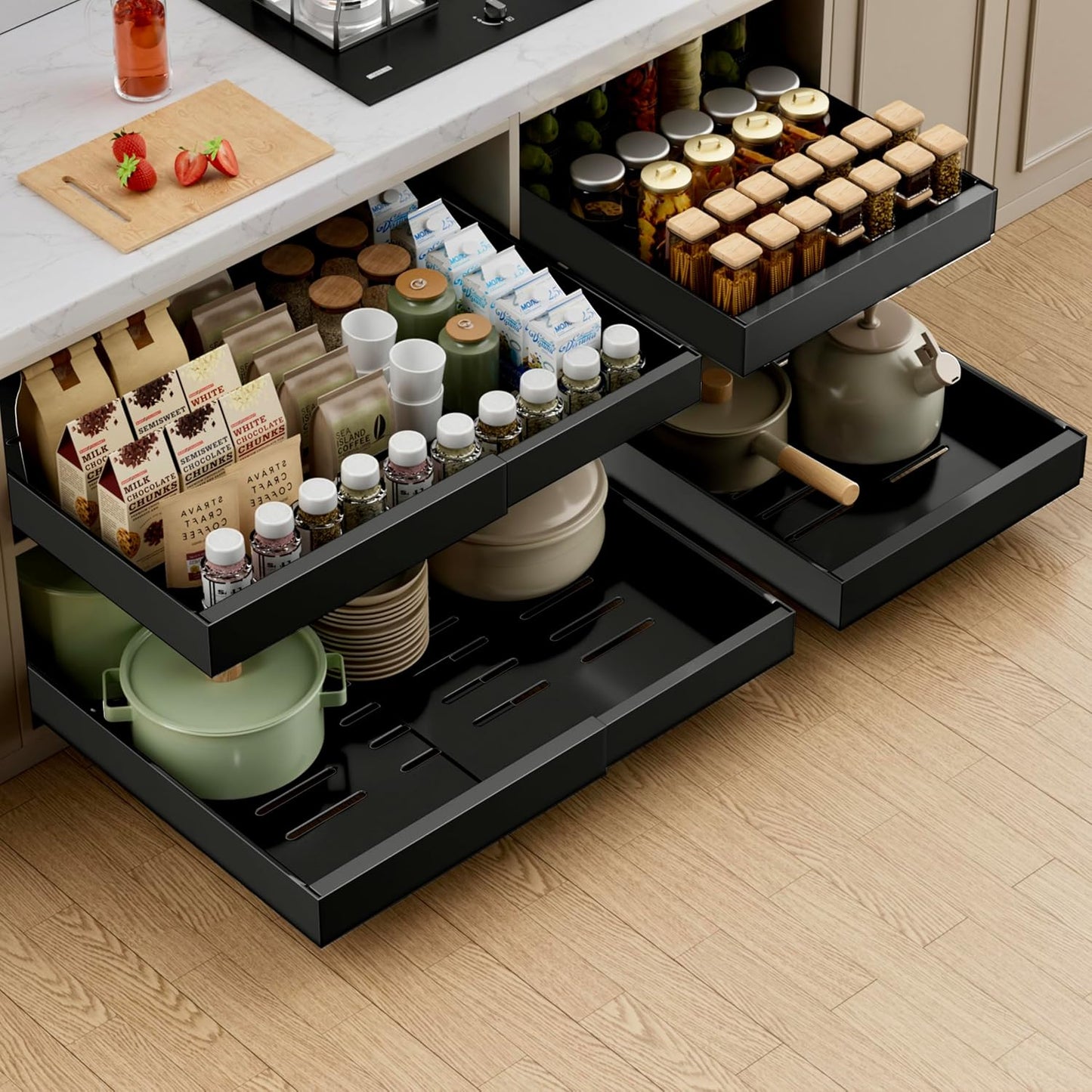 PAKETA 4 Pack Expandable Pull Out Cabinet Organizer,21" Deep | Pull Out Drawers for Cabinets with width from 12" to 20",Sliding Drawers for Cabinets with Upgrade 3 Slide Rails,hold 65 lbs