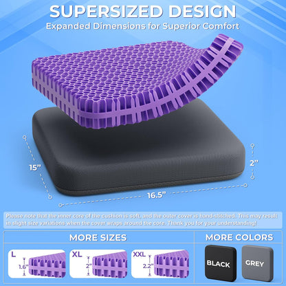 TushGuard Gel Seat Cushion for Long Sitting, Breathable Thick Patent Design | Enlarged Cooling Chair Pad for Office, Wheelchair, Soft Car Cushion for Back, Hip, Sciatica (Standard, Black+Violet)