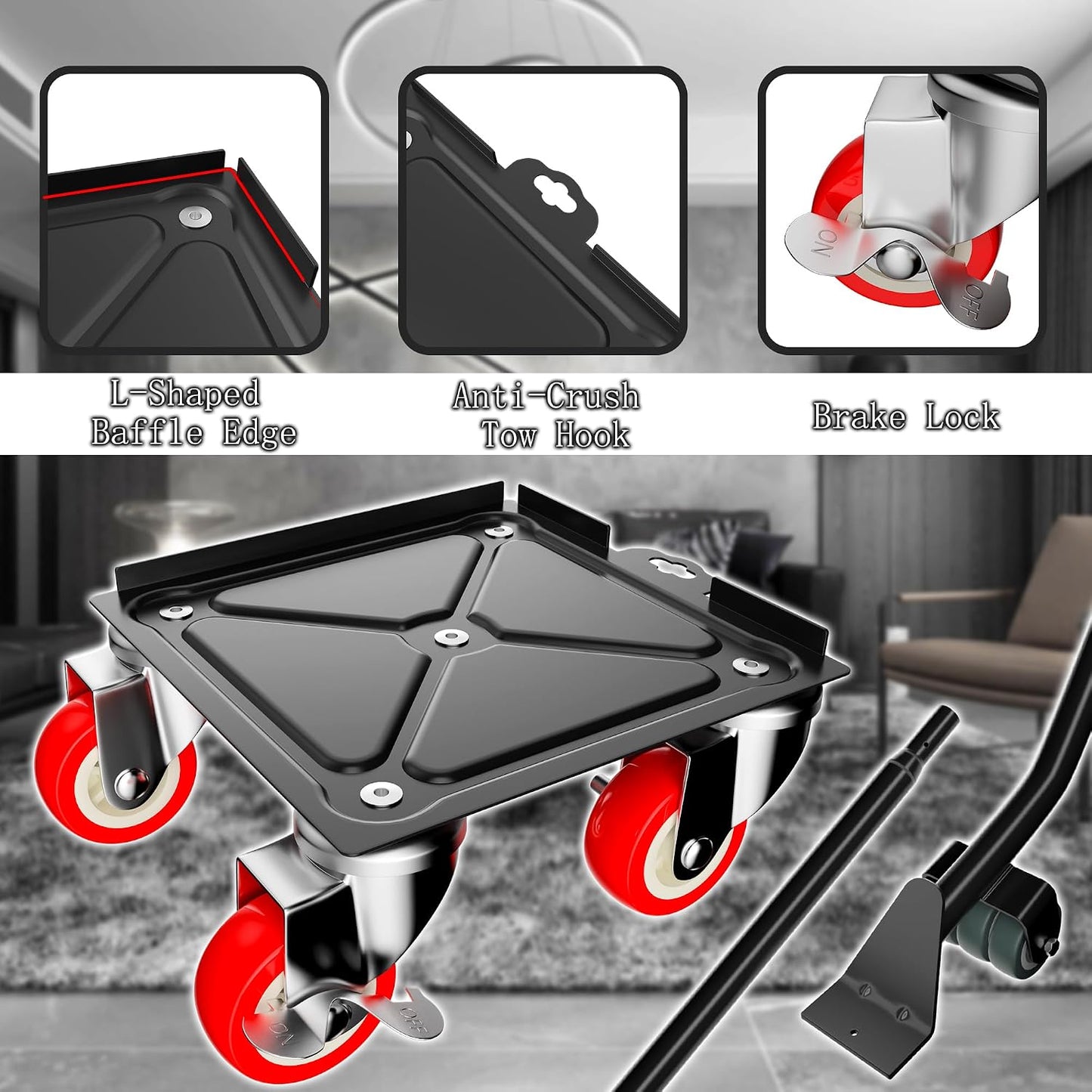 1,500 lb Capacity Furniture Dolly Set, 5.3-Inch Platforms, Red | Carbon Steel Dollies Feature Five Quiet Wheels, Including Locking Casters, Plus a Pry Bar for Washers, Sofas and Cabinets.