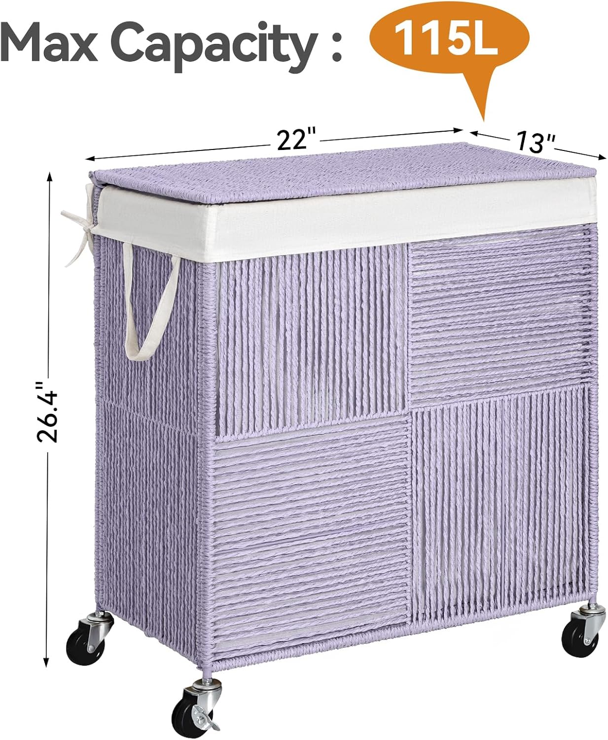 WOWLIVE Double Laundry Hamper with Wheels, Handwoven Rolling Laundry Basket | 115L Dirty Clothes Hamper with Lid, Removable Liner Bag, Large Capacity Laundry Sorter Laundry Room Organization, Green