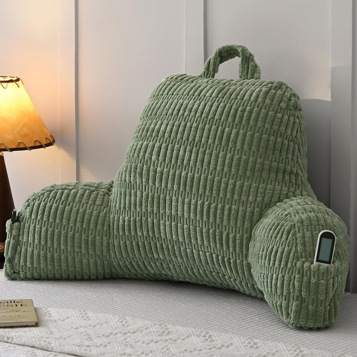 Faux Fur Reading Pillow for Sitting in Bed, Large Backrest Bed Pillow with Arms, Back Support Pillow for Lounging Bedrest, Beige