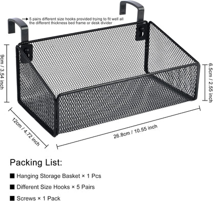Bedside Shelf for Bed & Bunk Bed Storage Basket Office Cubical Wall Hanging Organizer - 5 Different Size Hooks - College Dorm Home Office Essentials for Phone,Book,Drink,Tissue (Black)