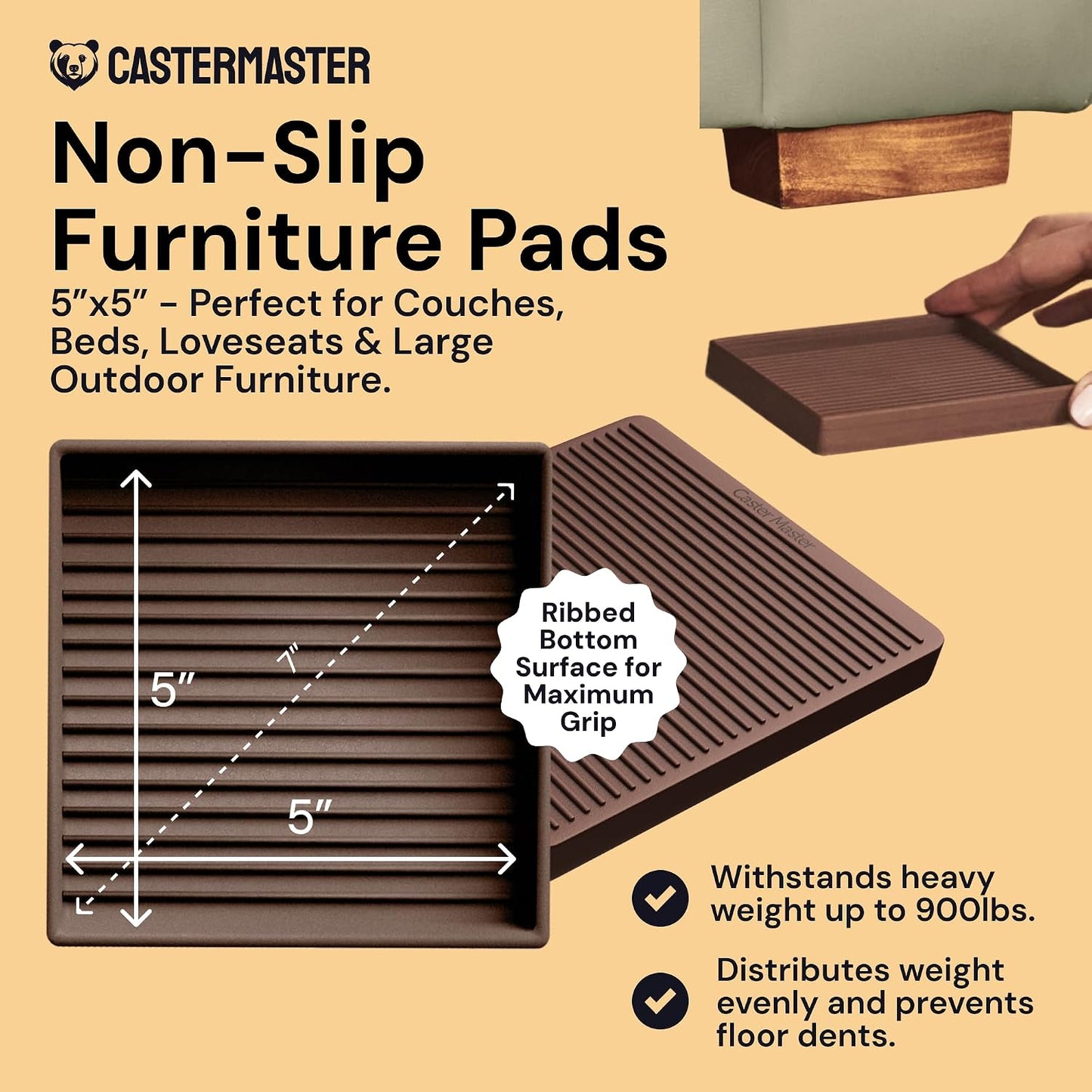 Non-Slip Furniture Pads - 4x4 in Brown, 4 Pack | Square rubber caster cups - anti-skid - Use for heavy sofas, beds & chairs on hardwood floors