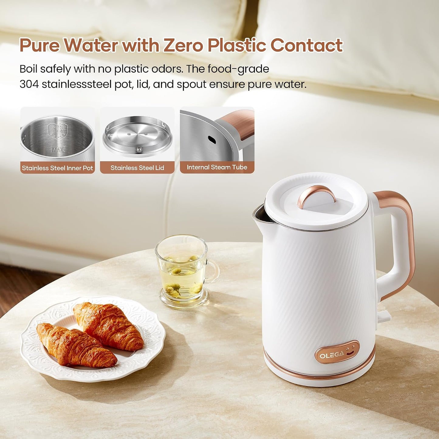 OLEGA Electric Tea Kettle: 1200W Fast Boil Electric Water Kettles 1.5L | Stainless Steel Kettle; Large Electric Water Kettle; Plastic Free Teapot; Auto Shut-Off Water Boiler; Fast Boil Kettles