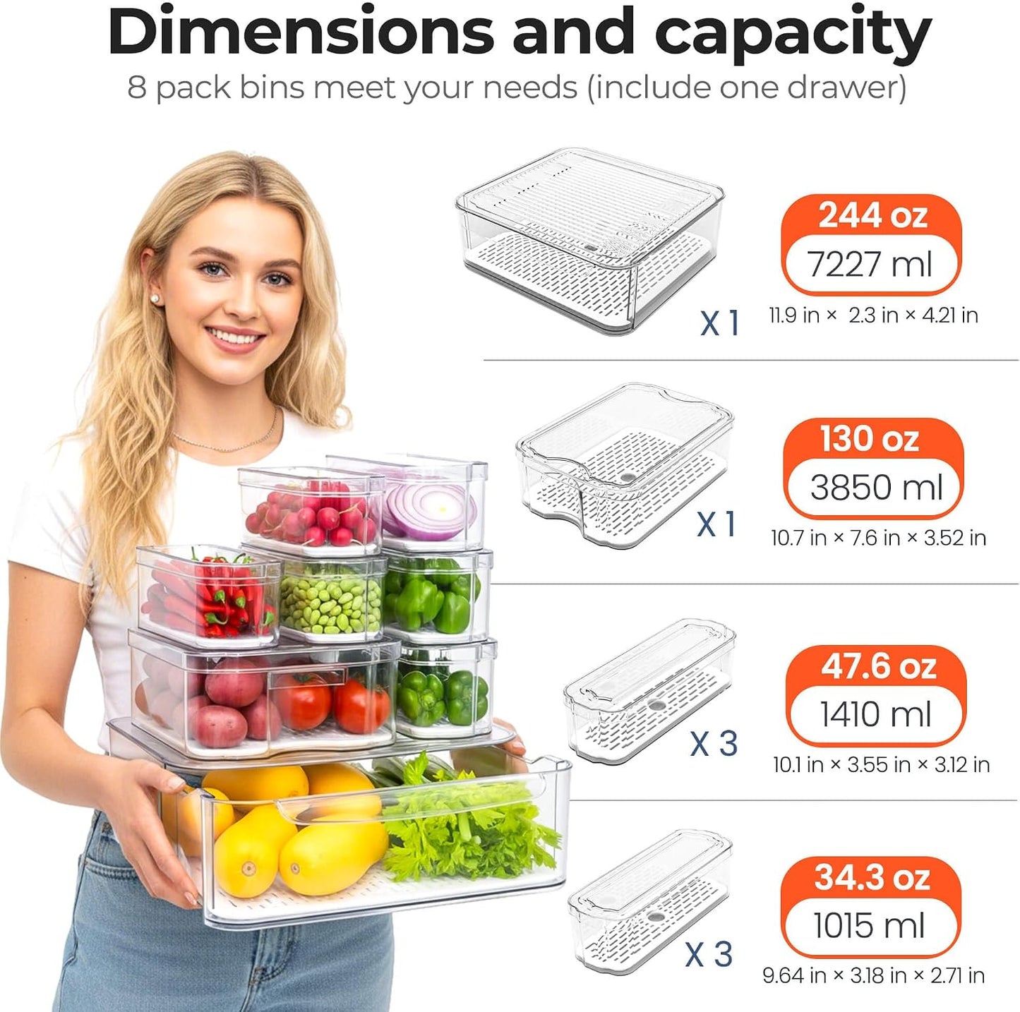 SMRCAD Clear Fridge Bins with Drain Trays - BPA-Free PET, Stackable(6 Pack) | 6 Pack: 1 Drawer + 5 lidded Bins, Helps Keep Produce Fresh, 16.3L Capacity, Hand Wash Only