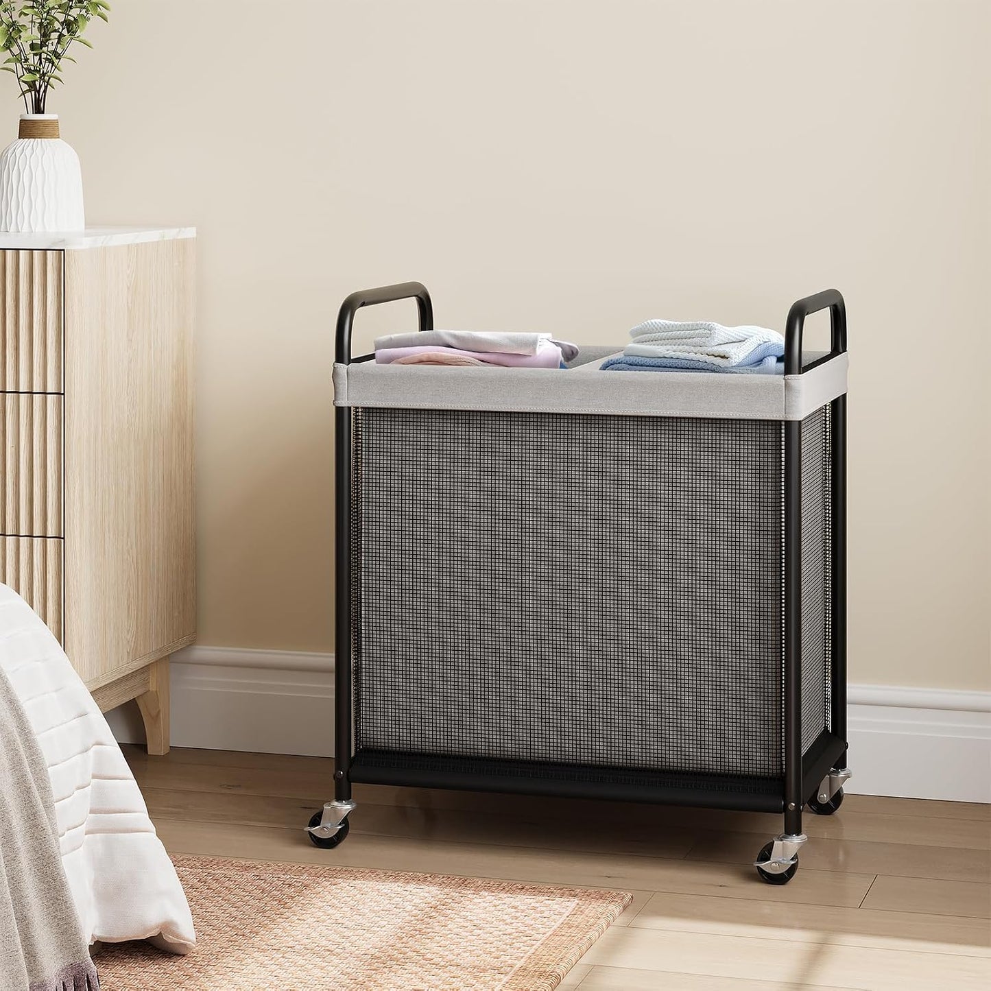 ELYKEN Laundry Hamper 2 Section, 100L Rolling Laundry Sorter with Wheels | Removable Washable Liner Bags, Sturdy Steel Frame and Metal Handle, Double Compartment Clothes Organizer for Laundry Sorting