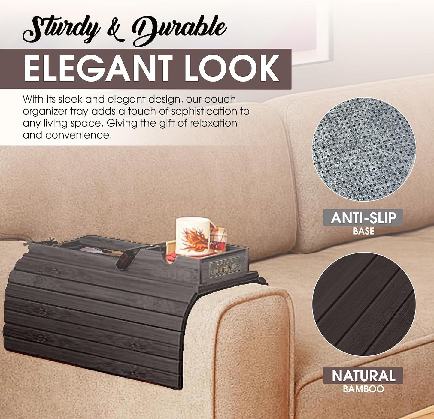Bamboo Couch Cup Holder, 2 Cork Coasters, Anti-Slip Foldable Couch Arm Tray | 2 in 1 Foldable Sofa Arm Tray, Couch Armrest Table, Anti-Spill Couch Arm Table for Drinks TV Remote Cellphone Snacks