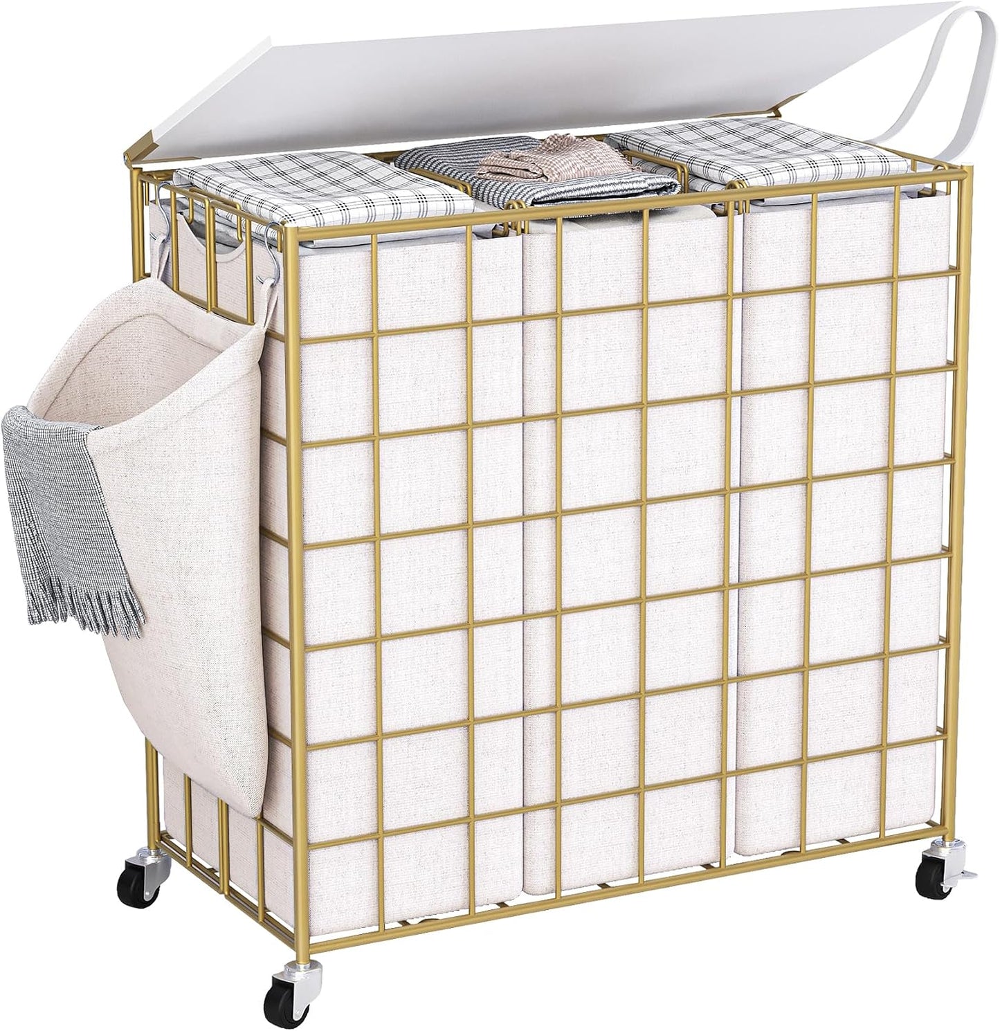 90L Laundry Basket with Wheels, Large Capacity Laundry Hamper with Removable Liner Bags, Heavy Duty Laundry Sorter with Solid Wood Lid & Leather Handles, Grey