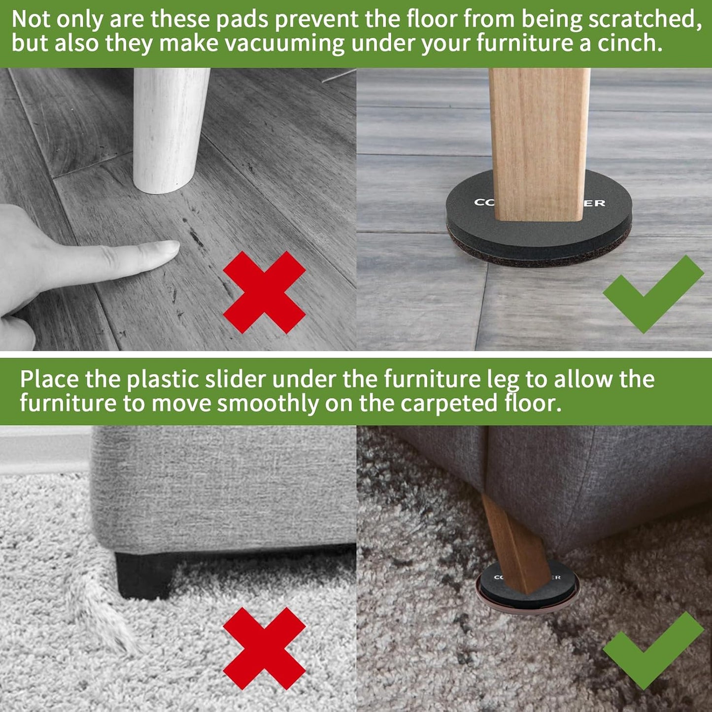 2 in 1 Furniture Sliders, 8 PCS in 3 1/2" or 4", Brown | Furniture Sliders for Hardwood Floors, Furniture Sliders for Carpet, Sliders for Moving Furniture, Furniture Movers Sliders