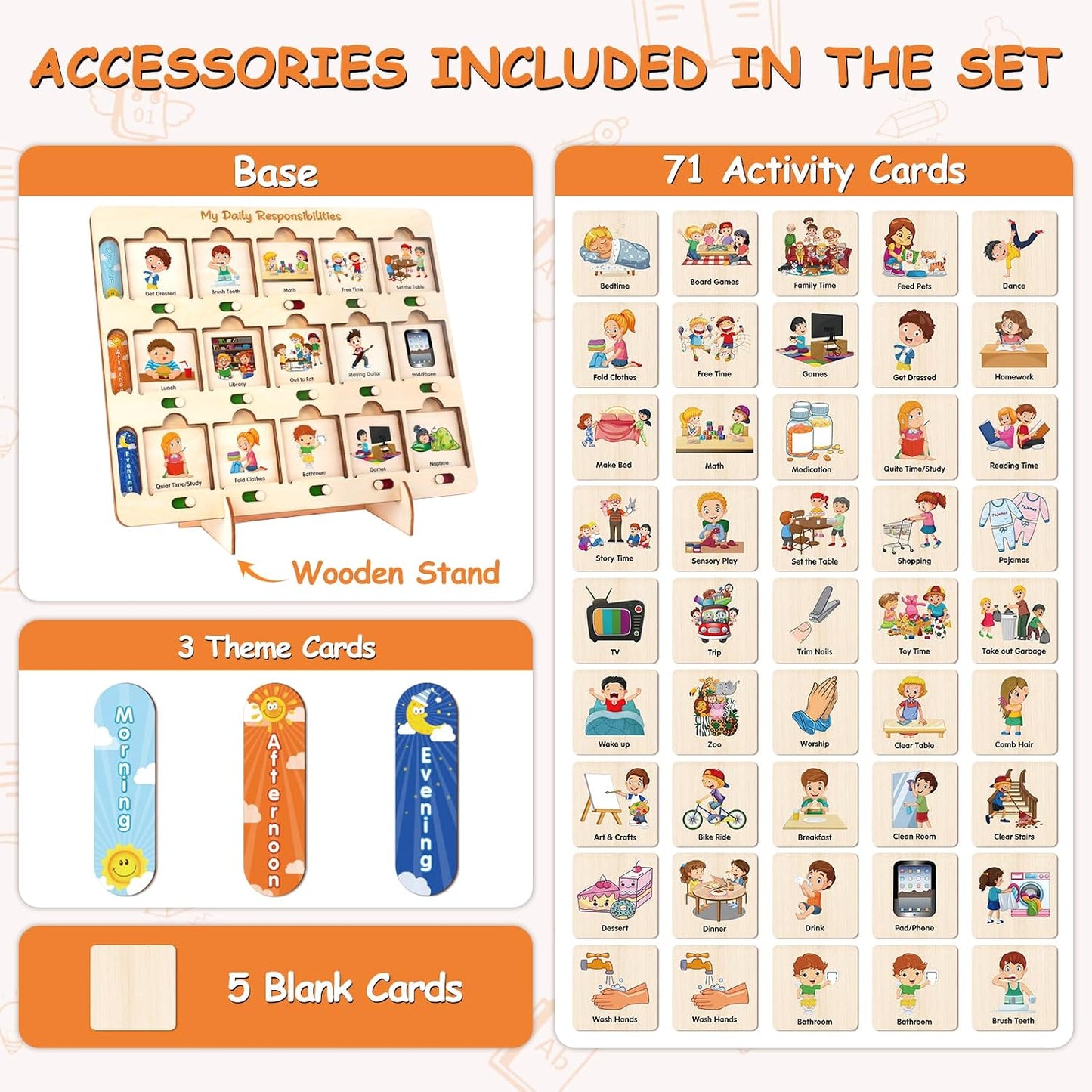 ABCxGOOD Wooden Visual Schedule for Kids Chore Chart, Morning Bedtime Daily Routine Chart for Toddlers, Autism Learning Materials for Homeschool Classroom,76 Wooden Cards.