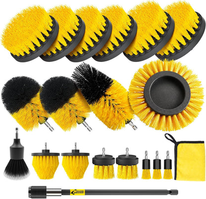 Holikme 20 Pack Drill Brush Set with Soft Detail Brush and Cleaning Cloth | 1 Extension Rod, 1/4-Inch Quick-Change Shaft,Power Scrubber Cleaning Kit for Tile, Floors, Grout, Tub, Car Detailing
