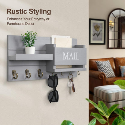 Lwenki Mail Organizer for Wall Mount – Key Holder with Shelf Includes Letter Holder and Hooks for Hallway Farmhouse Decor – Rustic Wood with Flush Mounting Hardware (16.5” x 9.1” x 3.4”) (White)