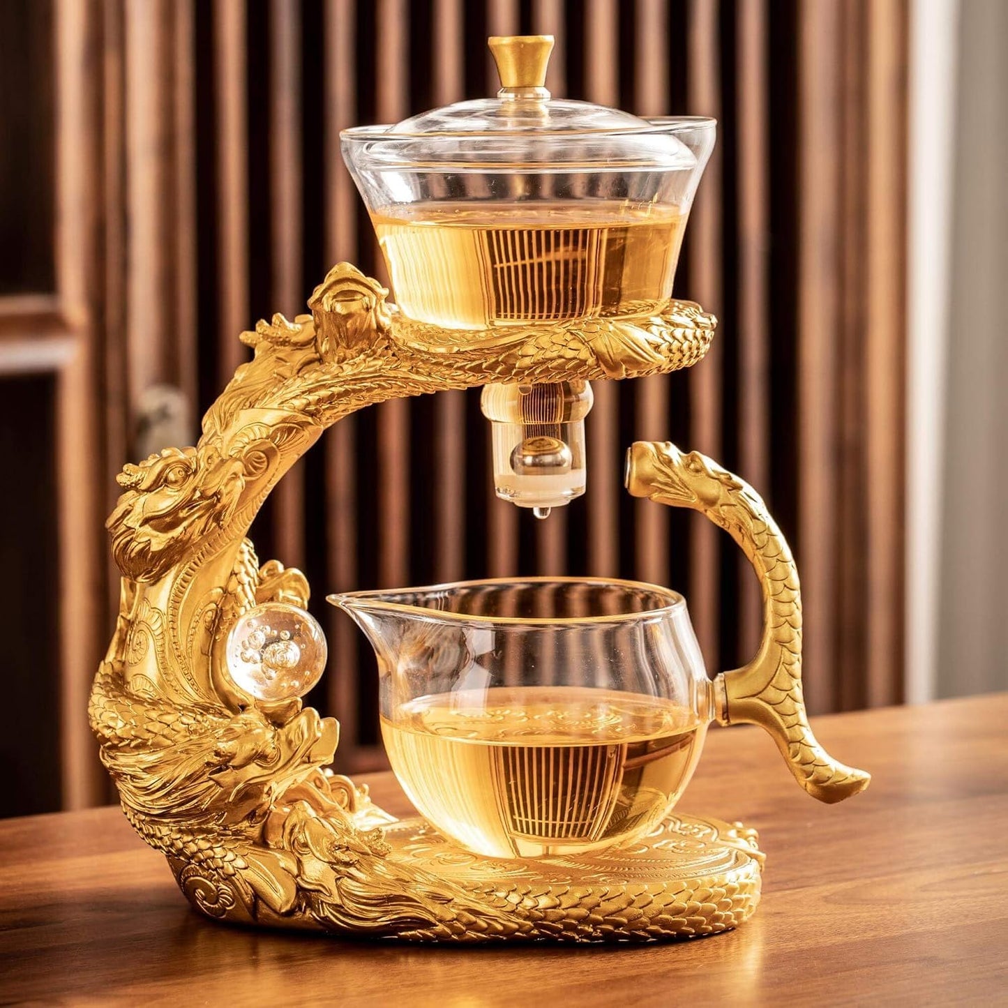 Glass Teapot Set with Infuser Semi Automatic Dragon Tea Set (Blue golden teapot)