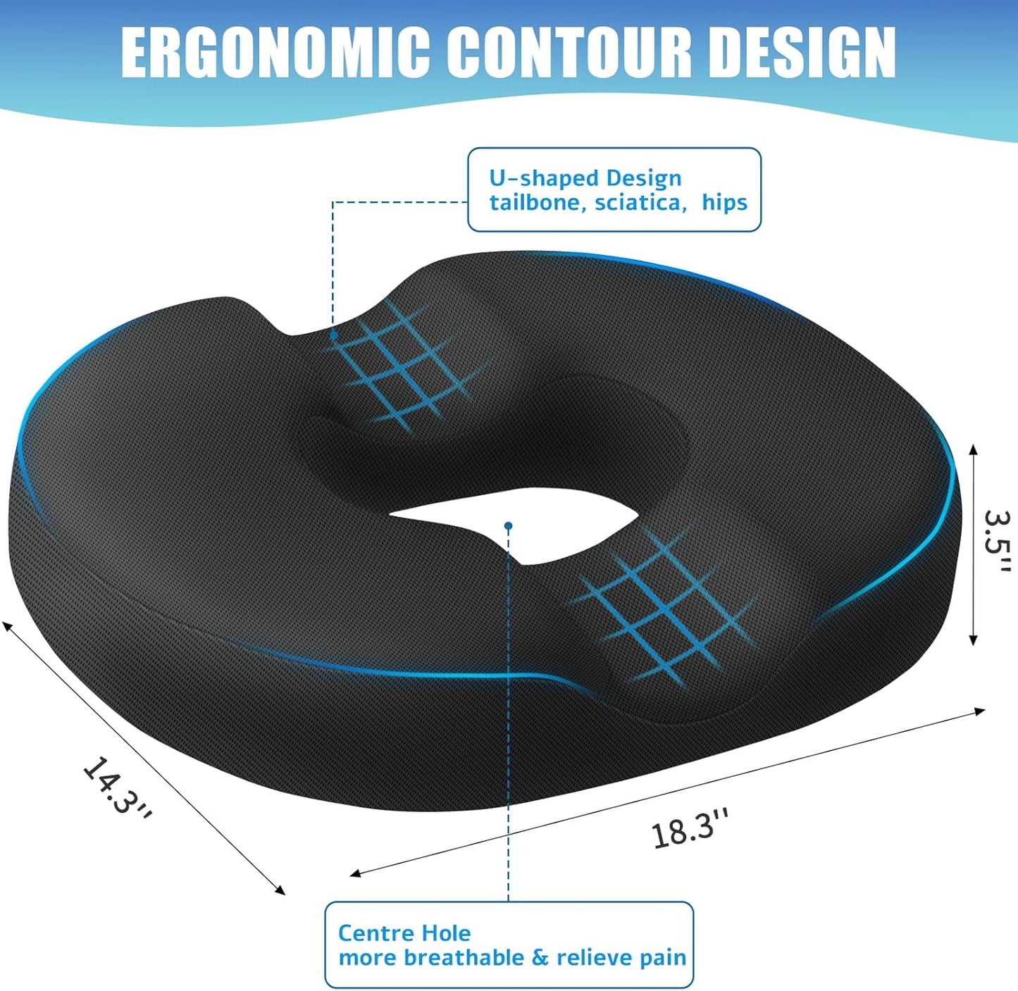 BlissTrends Donut Pillow Seat Cushion, Memory Foam Lifting Cushions(Black) | Donut Chair Cushions for Postpartum Pregnancy & Hemorrhoids,Tailbone Pain Relief Cushion for Office&Home Chairs