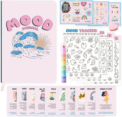Mood Tracker Journal Set |126-Day Self Care & Emotional Wellness Journal Kit for Teen Girls & Tweens |Daily Mood Check-in, Coloring Charts, Stickers & Mindfulness Cards | Self Care Gift Set(Pink)