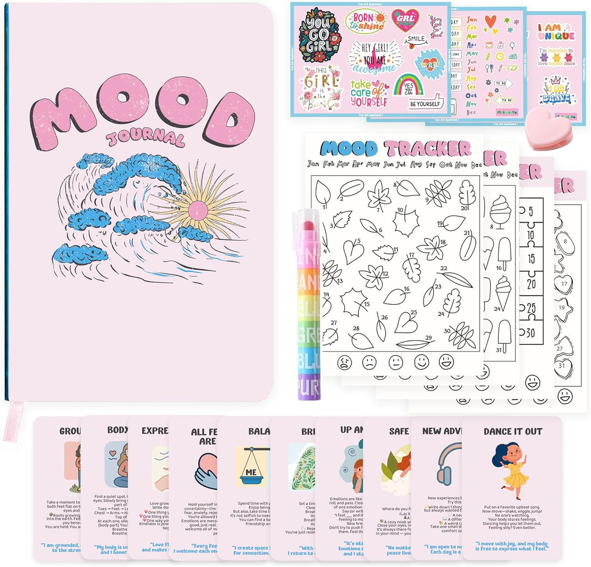 Mood Tracker Journal Set for Teen Girls & Tweens, Self Care Gift(Pink)