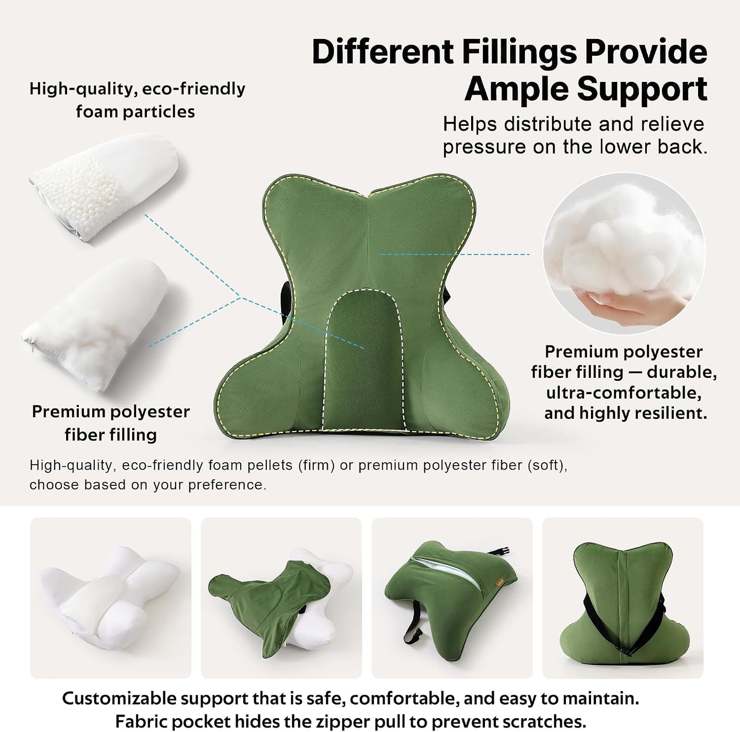 Lumbar Support Pillow(Pat. Pend) – Multi-Functional Ergonomic Back Cushion for Sofa Chair, Car Seat & Sofa, Reading Pillow with Firm Multi-Zone Support to Relieve Lower Back Pain, Misty White