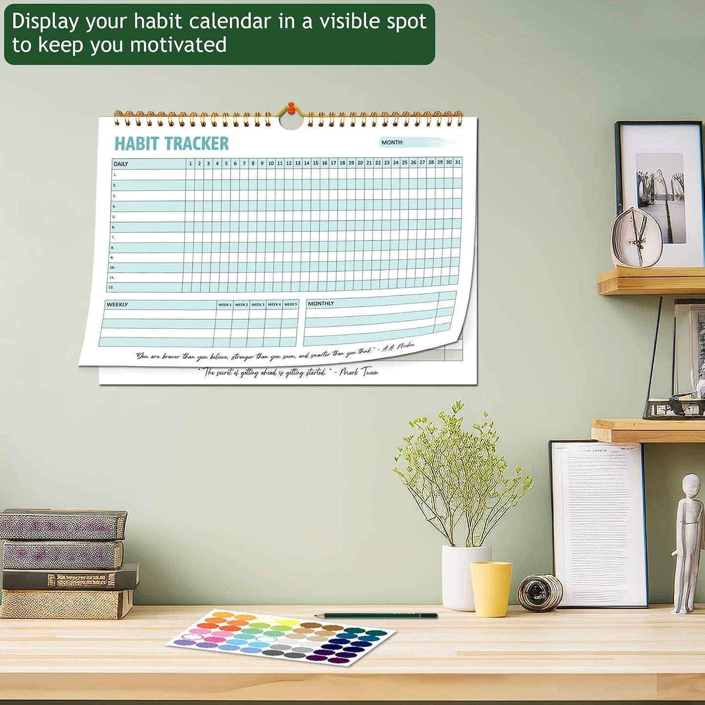 Habit Tracker Calendar, Aesthetic Daily Weekly Goal and Habit Tracker Journal, 12 Months Undated Habits Tracker Planner with Spiral Binding, Boost Productivity Tool and Workout Calendar, 11.7"x8.5"