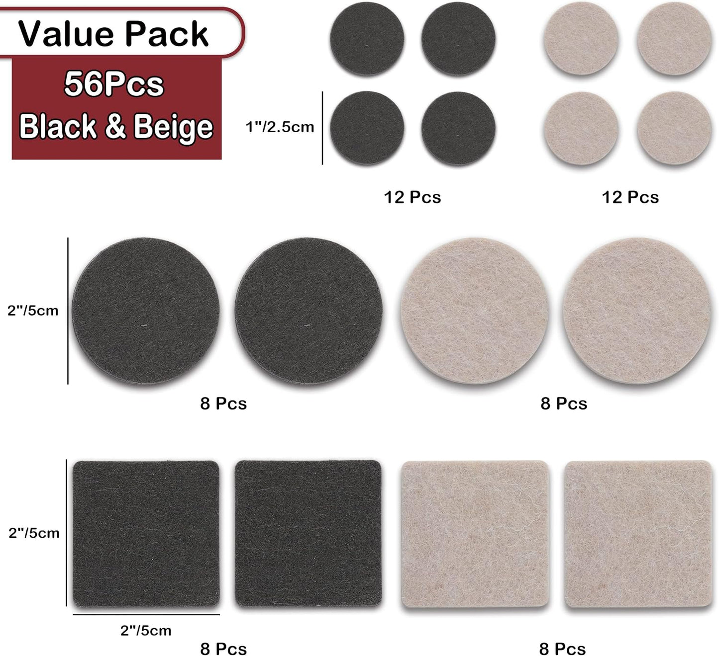 Felt Furniture Pads -56 Pcs(1+2)” Premium Felt Pads for Chair Legs Furniture, Floor Protectors for Hardwood Floors,Brown