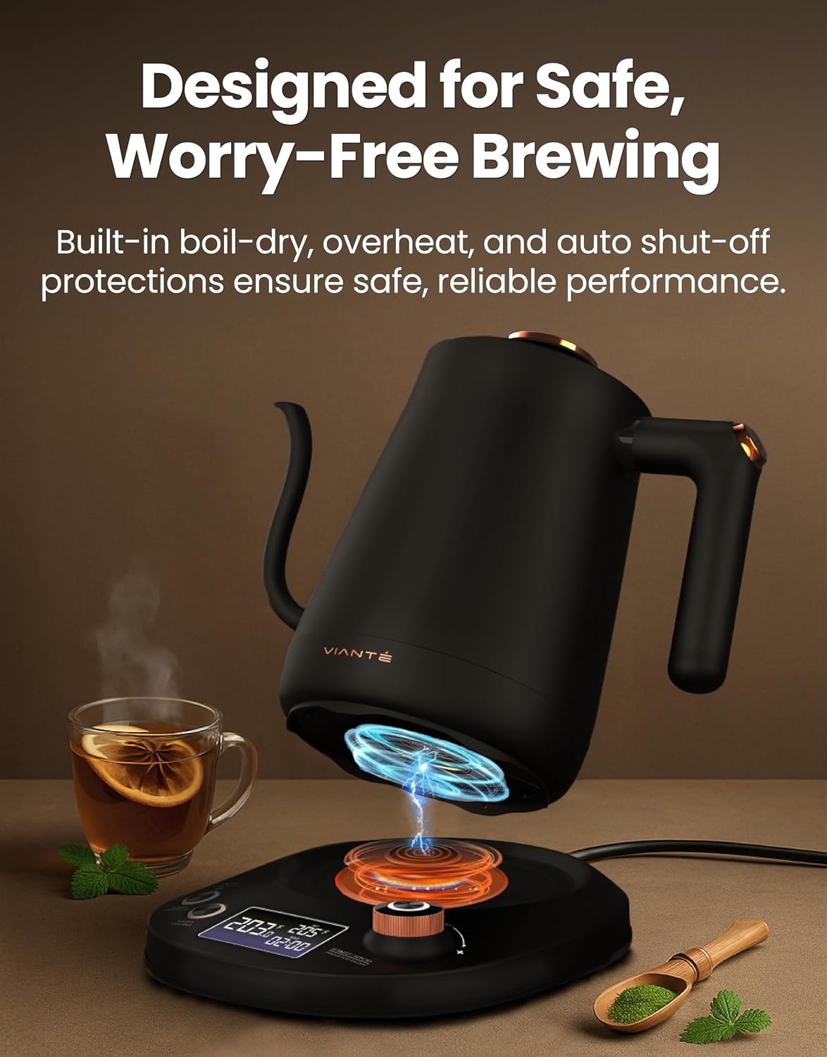 Viante Alba Electric Tea Kettle With Infuser, No Plastic, 1.5L | Borosilicate glass & 304 stainless steel construction. 4 temp presets, keep-warm, cordless, auto shut-off