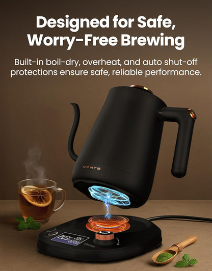 Viante Alba Electric Tea Kettle With Infuser, No Plastic, 1.5L | Borosilicate glass & 304 stainless steel construction. 4 temp presets, keep-warm, cordless, auto shut-off