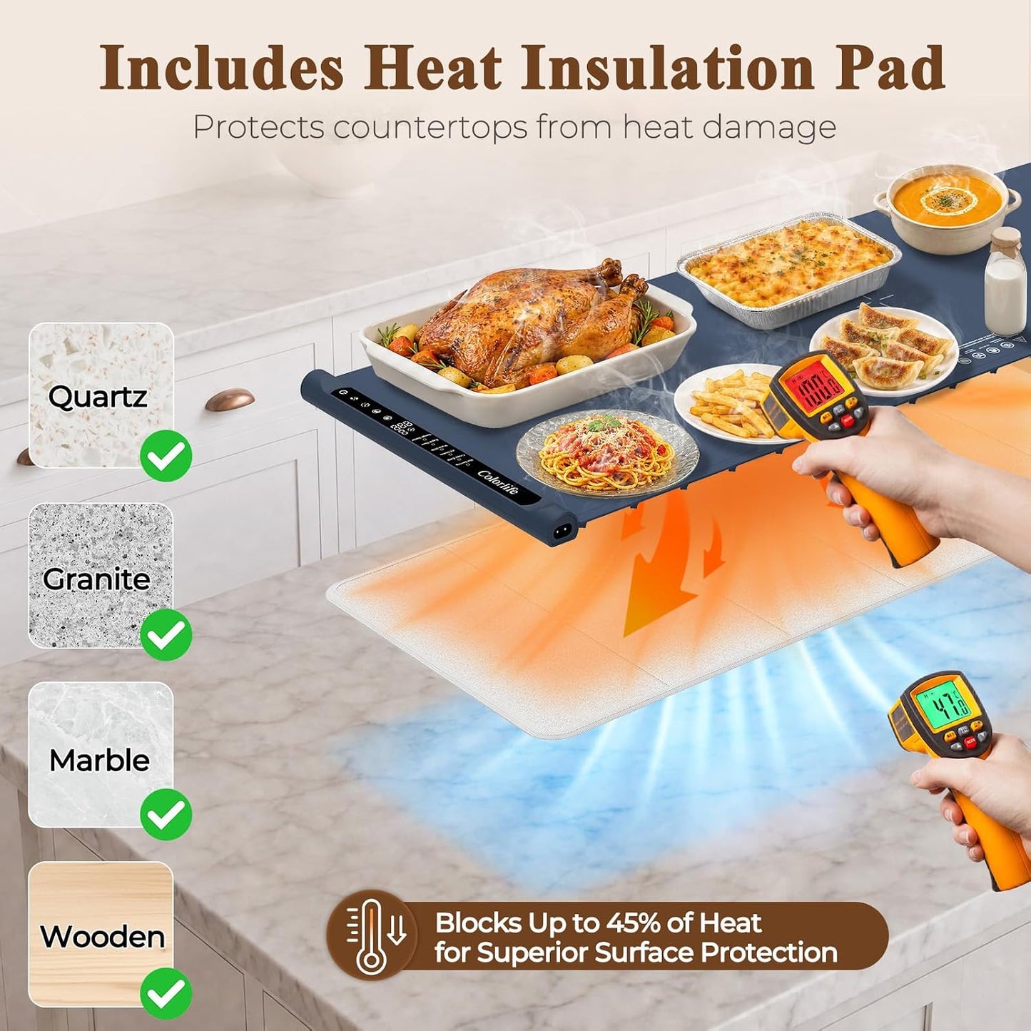 Warming Mat for Food, Electric Warming Tray with Heat-Resistant Pad-L Grey | Colorlife 6 Preset Modes, 7 Temps, 6H Timer, Child Lock, Auto-Memory, Rollable Silicone Food Warmer for Buffet, Parties