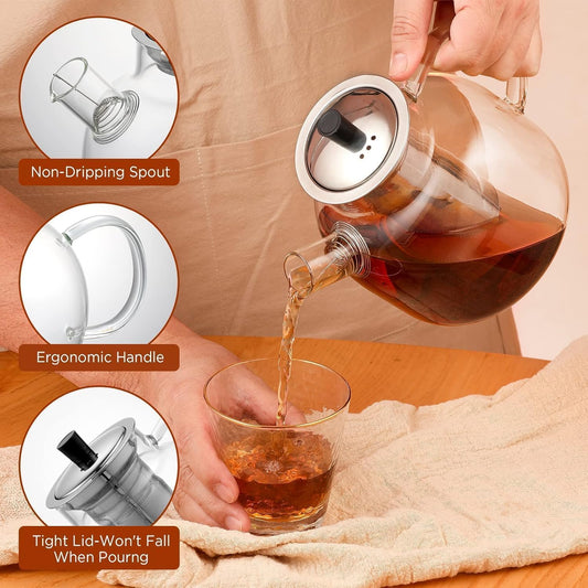 1500ml(50oz) Glass Teapot with Removable Infuser, Ehugos Stovetop Safe Large Tea Pot, Blooming and Loose Leaf Hand Crafted Kettle for Women and Adult with Stainless Infuser