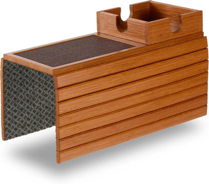 Detor Couch Cup Holder Tray with Super Anti-Slip Pad, Large 4.5" x 4.5" Organizer, Brown-Stained Bamboo Finish, Enhanced Non-Slip Felt Base, Durable Bamboo Slats, Fits Armrests 5.5" and Wider