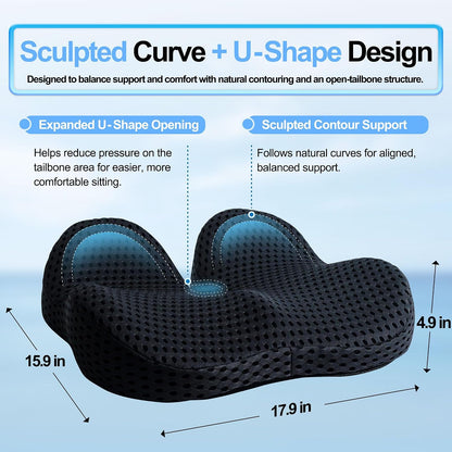 Ergonomic Memory Foam Seat Cushion Hemorrhoid Pillow for Hip Sciatica and Tailbone Pain Relief for Office Chair Car and Home (Black)