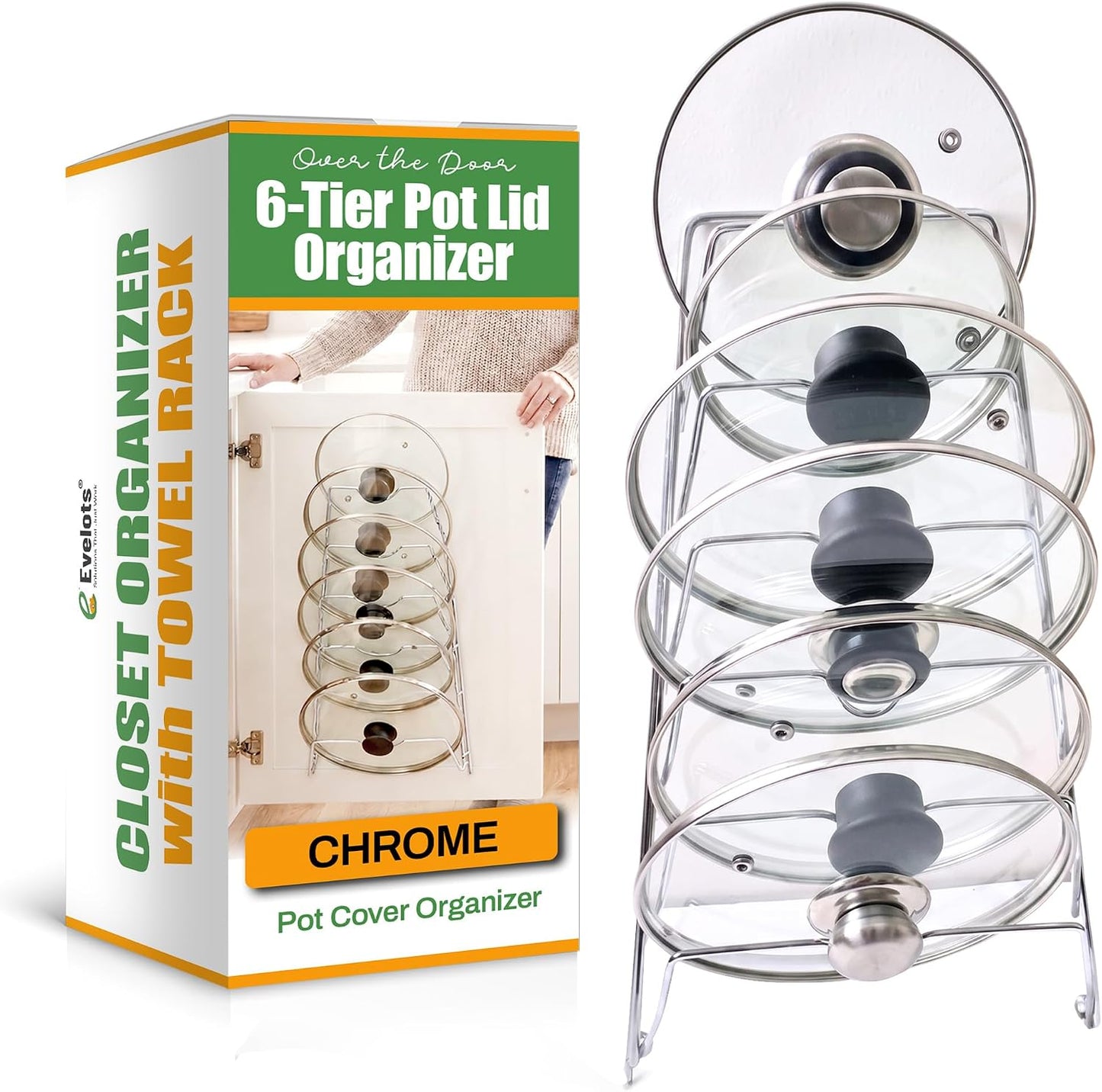 Evelots 6 Pot Lid Organizer for Cabinet Door or Pantry Wall - Closet Door Pots and Pans Lids Holder - Glass or Metal Pan Covers Cabinet Organizer Kitchen Storage - White 6 Tier Lid Rack