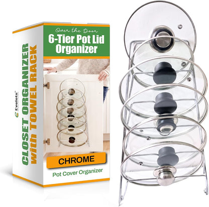 Evelots 6 Pot Lid Organizer for Cabinet Door or Pantry Wall - Closet Door Pots and Pans Lids Holder - Glass or Metal Pan Covers Cabinet Organizer Kitchen Storage - White 6 Tier Lid Rack