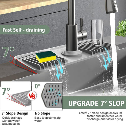 17.7-Inch Kitchen Sink Splash Guard Mat | 7° Slope for Fast Self-Draining | Snap-Lock Design | Universal & Cuttable Silicone Faucet Mat Gray