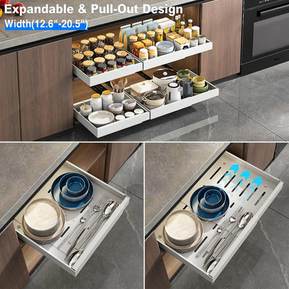 Mustorn 2 Pack Pull Out Cabinet Organizer, Slide Out Drawers for Cabinets, Peel and Stick, Heavy Duty Shelves for Kitchen, Cupboard, Pantry, Bathroom (16.5"D*11.8"W*3.94"H-Black)