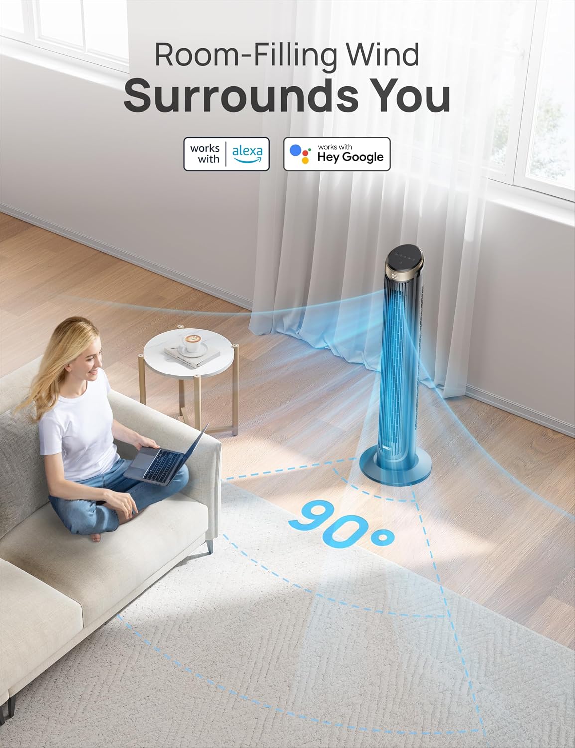 DREO Smart Tower Fan for Bedroom, 90° Oscillating Fan, 26ft/s Wind, 28dB