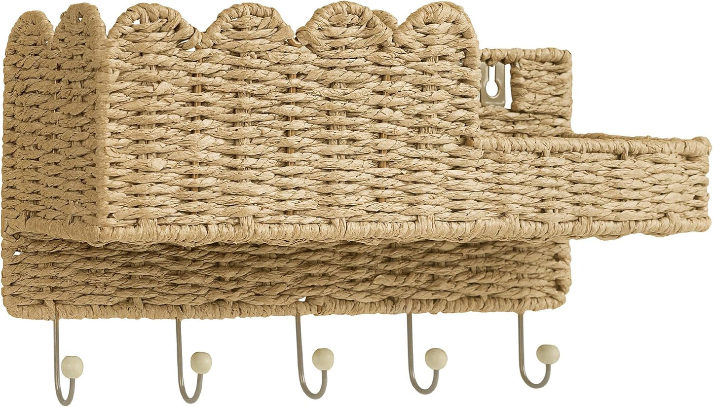 Scalloped Woven Wall Mount Key Holder with 5 Hooks, Decorative Paperstraw Mail Organizer for Entryway, Wave Design Ratten Key Rack, Entryway Organizer, Living Room & Hallway Decor, Natural