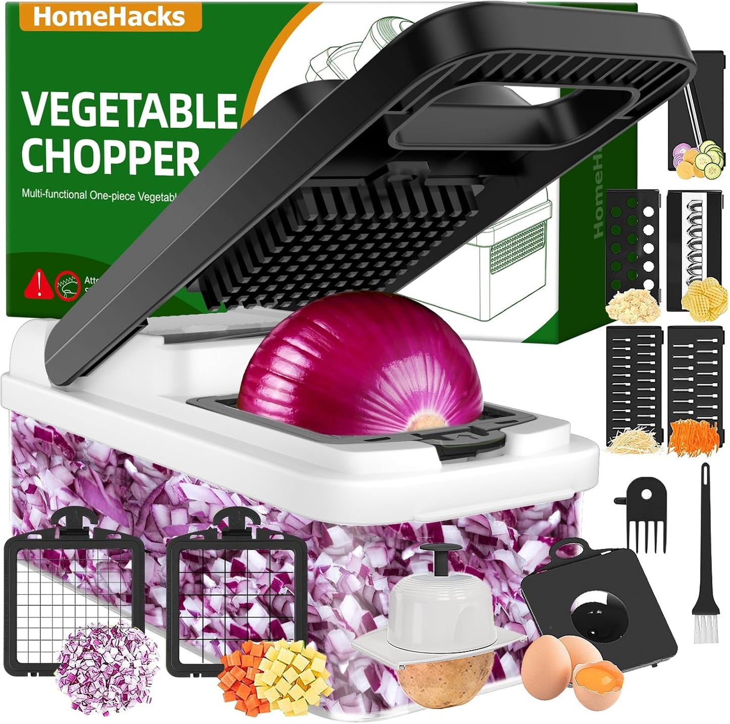 HomeHacks Vegetable Chopper Vegetable Cutter, 12 in 1 Kitchen Gadget, Dicer, Slicer, Onion Cutter, Salad, Cheese Grater & Egg Separator - Multi-Functional Veggie Chopper Lid with Handle (Green)