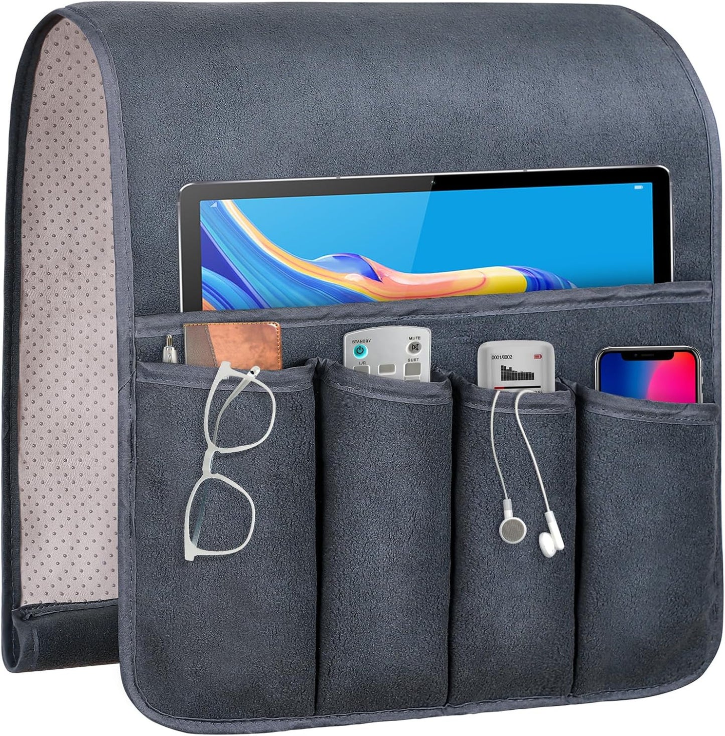 Couch Armrest Remote Control Holder, Polar Fleece Couch Caddy Gifts for Seniors, Non-slip Bed Caddy Tv Remote Holder with 5 Pockets for Key Glasses Phone Magazine Holders