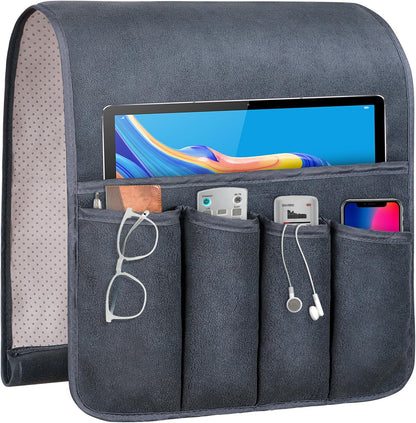 Couch Armrest Remote Control Holder, Polar Fleece Couch Caddy Gifts for Seniors, Non-slip Bed Caddy Tv Remote Holder with 5 Pockets for Key Glasses Phone Magazine Holders