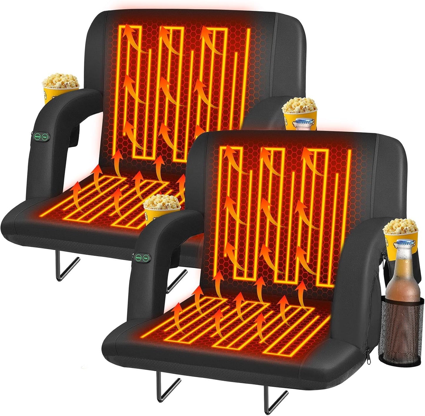 Seeutek Heated Stadium Seats for Bleachers with Back Support | 3 Level Heated Seat & Back (NO Battery), 6 Recline Positions, Soft Cushion, 5 Pockets, Foldable, Anti-Slip, Backpack Straps