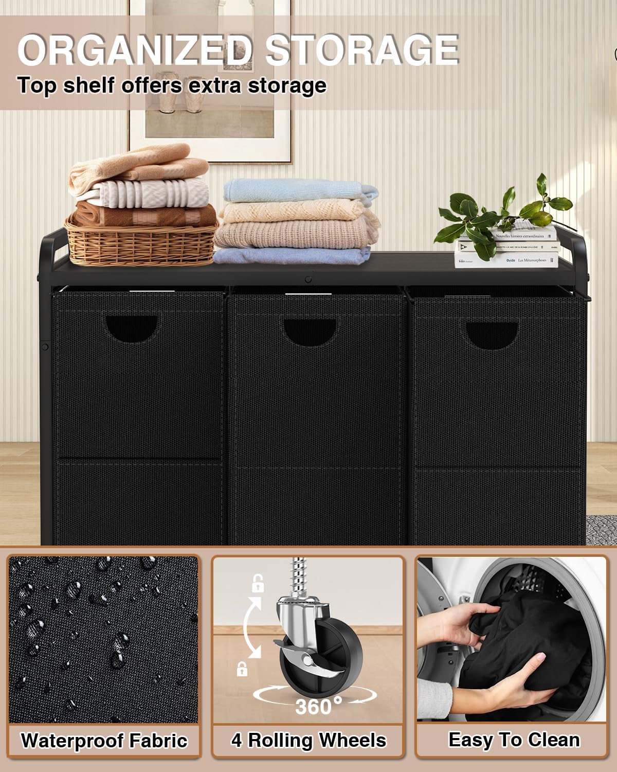 Laundry Sorter 3 Section,Laundry Basket with Wheels,3×15.8 Gal (60L) | Laundry Room Organization with Wooden Desktop Shelf,Pull-Out and Removable 900D Oxford Fabric Laundry Bags for Laundry Room