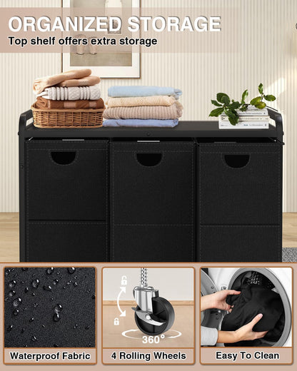 Laundry Sorter 3 Section,Laundry Basket with Wheels,3×15.8 Gal (60L) | Laundry Room Organization with Wooden Desktop Shelf,Pull-Out and Removable 900D Oxford Fabric Laundry Bags for Laundry Room