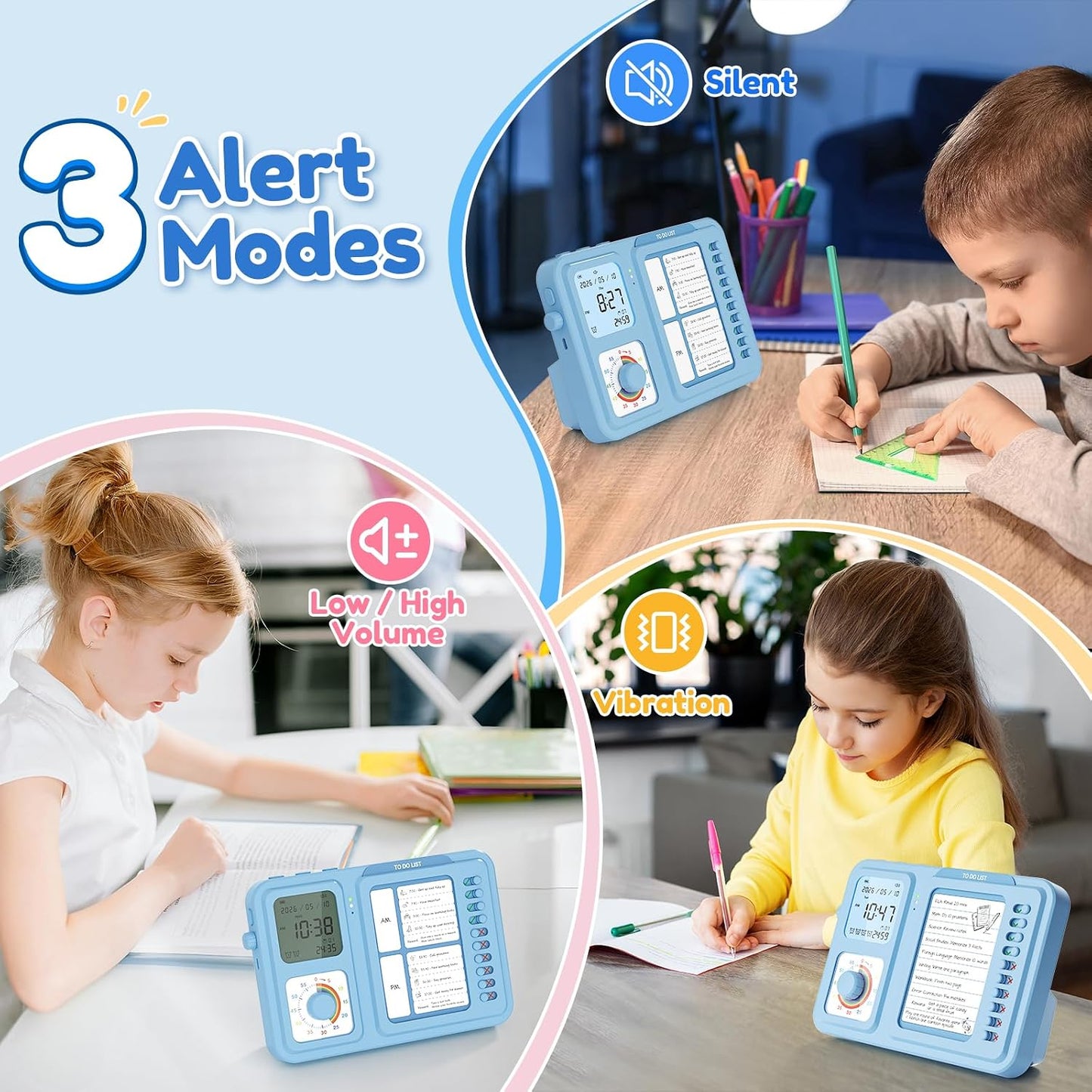 3-in-1 Visual Timer for Kids, Chore Chart for Kids, Visual Schedule（Blue） | To do list board, routine chart for home, school, classroom, ADHD/autism visual support, checklist, silent vibration alerts