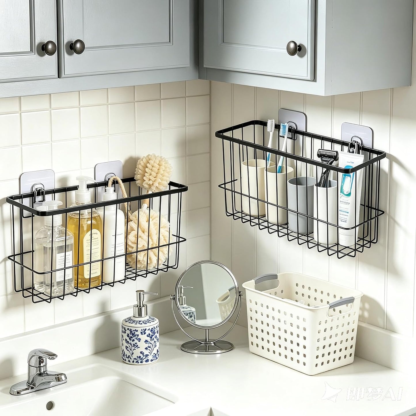 2 Pack Cabinet Door Organizer, Adhesive Wall Mounted Organizer Bins, Clear Storage Caddy, Stackable Basket for Kitchen Cabinets, Bathroom, Pantry, Office, and Tabletop Organization