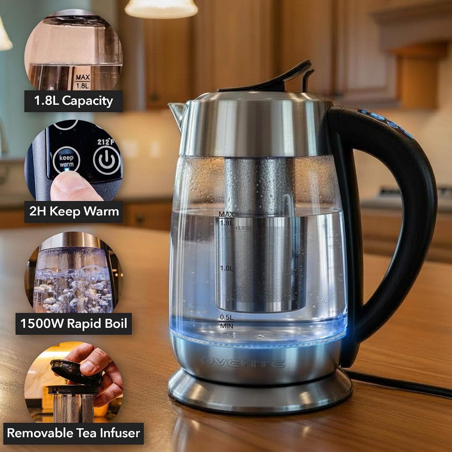 OVENTE 1.8L Glass Electric Kettle with Tea Infuser, Silver KGD752S | 1500W Fast Boiling, Easy Fill Lid, 7 Temperature Control, Keep Warm, Digital Display, Auto Shut-Off, Boil-Dry Protection