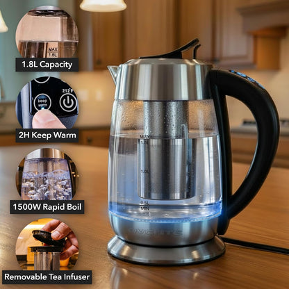 OVENTE 1.8L Glass Electric Kettle with Tea Infuser, Silver KGD752S | 1500W Fast Boiling, Easy Fill Lid, 7 Temperature Control, Keep Warm, Digital Display, Auto Shut-Off, Boil-Dry Protection